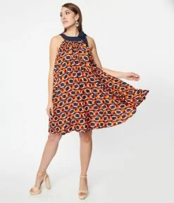 Smak Parlour Navy & Red Chain Print Pleated Shift Dress Sale