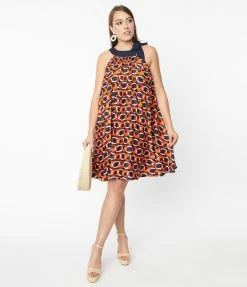 Smak Parlour Navy & Red Chain Print Pleated Shift Dress Sale