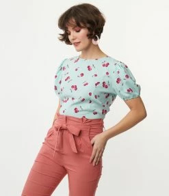 Westmoon Sale Mint Blue & Cherry Print Blouse