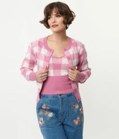 Strut & Bolt Sale Light Pink Gingham Crop Top & Cardigan Sweater Set