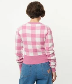 Strut & Bolt Sale Light Pink Gingham Crop Top & Cardigan Sweater Set