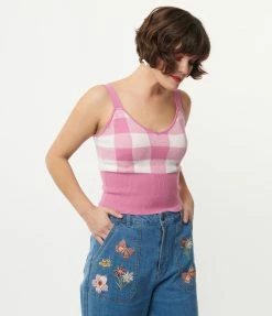 Strut & Bolt Sale Light Pink Gingham Crop Top & Cardigan Sweater Set