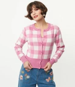 Strut & Bolt Sale Light Pink Gingham Crop Top & Cardigan Sweater Set