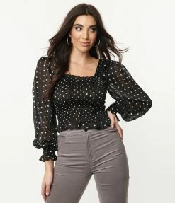 Strut & Bolt Sale Black & White Polka Dots Smock Crop Top
