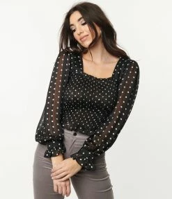 Strut & Bolt Sale Black & White Polka Dots Smock Crop Top