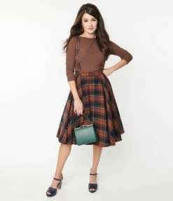 SHEEN Clothing Ltd Navy & Brown Plaid Sophie Suspender Swing Skirt