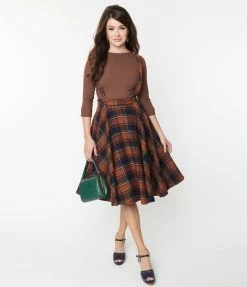 SHEEN Clothing Ltd Navy & Brown Plaid Sophie Suspender Swing Skirt