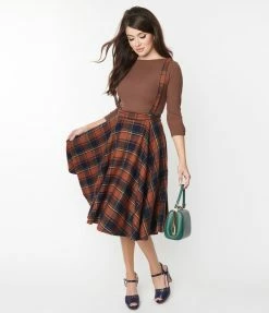 SHEEN Clothing Ltd Navy & Brown Plaid Sophie Suspender Swing Skirt