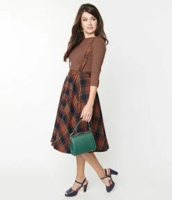 SHEEN Clothing Ltd Navy & Brown Plaid Sophie Suspender Swing Skirt