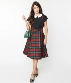 SHEEN Clothing Ltd Trending Red & Green Plaid Sophie Suspender Swing Skirt