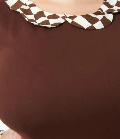 Smak Parlour Plus Size Brown & Checkerboard Sleeve Flare Dress Clothing