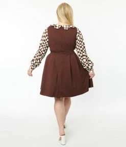 Smak Parlour Plus Size Brown & Checkerboard Sleeve Flare Dress Clothing