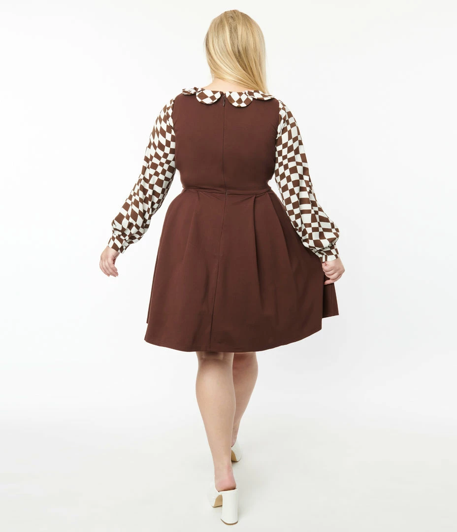 Smak Parlour Plus Size Brown & Checkerboard Sleeve Flare Dress Clothing