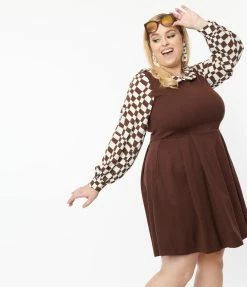 Smak Parlour Plus Size Brown & Checkerboard Sleeve Flare Dress Clothing