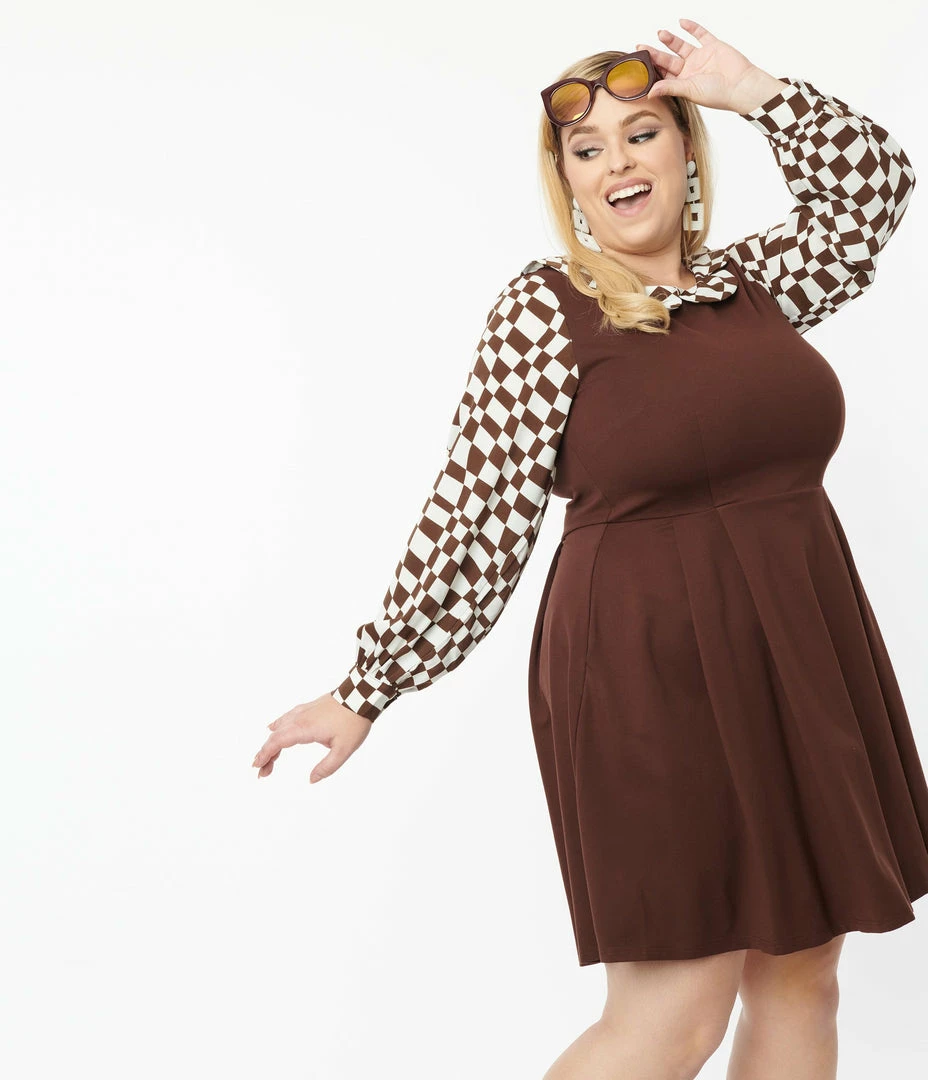 Smak Parlour Plus Size Brown & Checkerboard Sleeve Flare Dress Clothing
