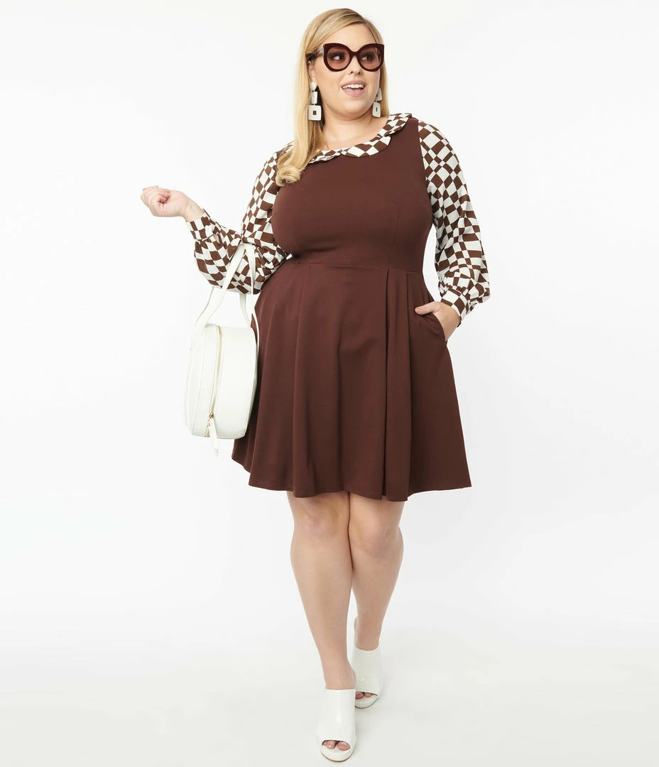 Smak Parlour Plus Size Brown & Checkerboard Sleeve Flare Dress Clothing