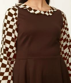 Sale Smak Parlour Brown & Checkerboard Sleeve Flare Dress
