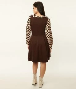 Sale Smak Parlour Brown & Checkerboard Sleeve Flare Dress