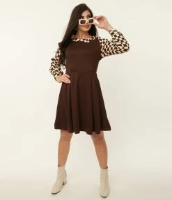 Sale Smak Parlour Brown & Checkerboard Sleeve Flare Dress