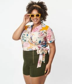 Unique Vintage Plus Size 1950s Multicolor Patchwork Floral Wrap Star Crop Top Sale