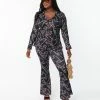 Sale Unique Vintage Plus Size Black & Burgundy Floral Print Flare Pants