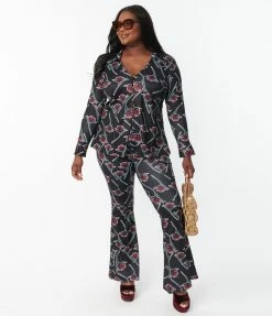 Sale Unique Vintage Plus Size Black & Burgundy Floral Print Flare Pants