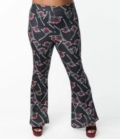 Sale Unique Vintage Plus Size Black & Burgundy Floral Print Flare Pants