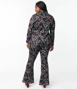 Sale Unique Vintage Plus Size Black & Burgundy Floral Print Flare Pants