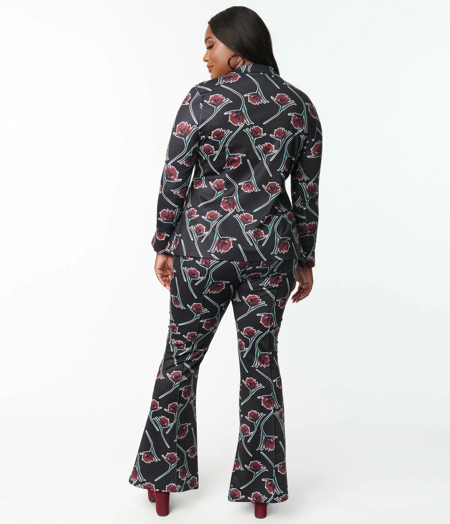 Sale Unique Vintage Plus Size Black & Burgundy Floral Print Flare Pants