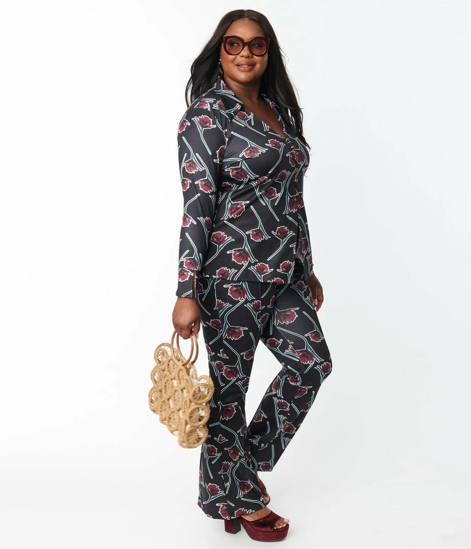 Sale Unique Vintage Plus Size Black & Burgundy Floral Print Flare Pants