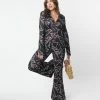 Sale Unique Vintage Black & Burgundy Floral Print Flare Pants