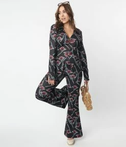 Sale Unique Vintage Black & Burgundy Floral Print Flare Pants