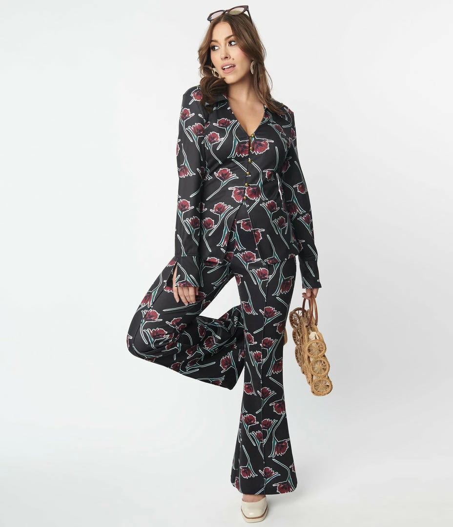 Sale Unique Vintage Black & Burgundy Floral Print Flare Pants