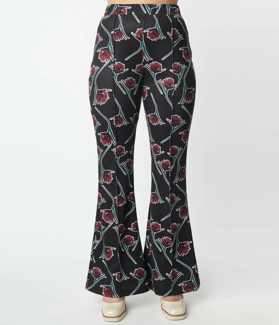 Sale Unique Vintage Black & Burgundy Floral Print Flare Pants