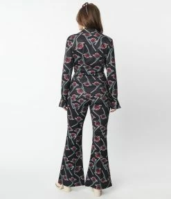 Sale Unique Vintage Black & Burgundy Floral Print Flare Pants