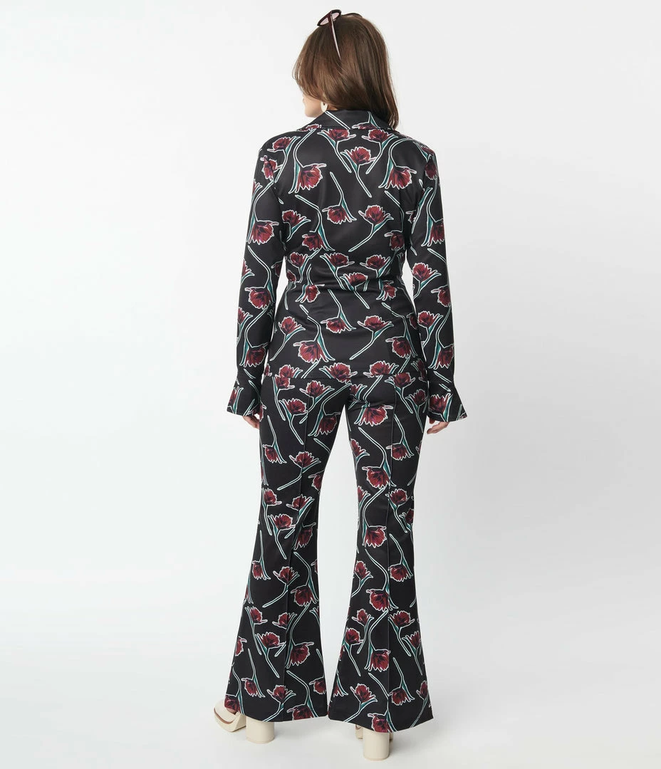 Sale Unique Vintage Black & Burgundy Floral Print Flare Pants