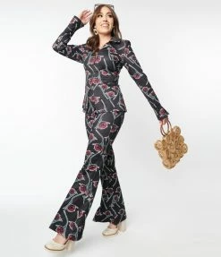 Sale Unique Vintage Black & Burgundy Floral Print Flare Pants