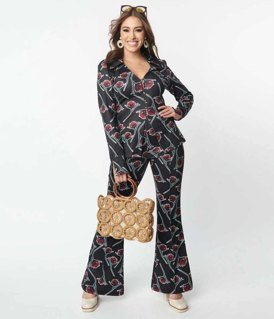 Sale Unique Vintage Black & Burgundy Floral Print Flare Pants