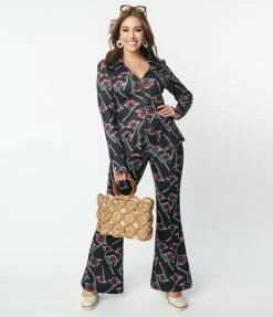 Unique Vintage Black & Burgundy Floral Print Blouse Sale