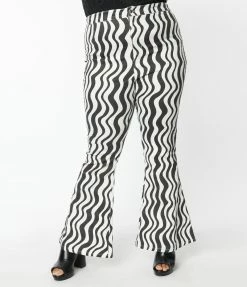 Smak Parlour Plus Size Black & White Wavy Stripe Into The Groove Flare Jeans Sale