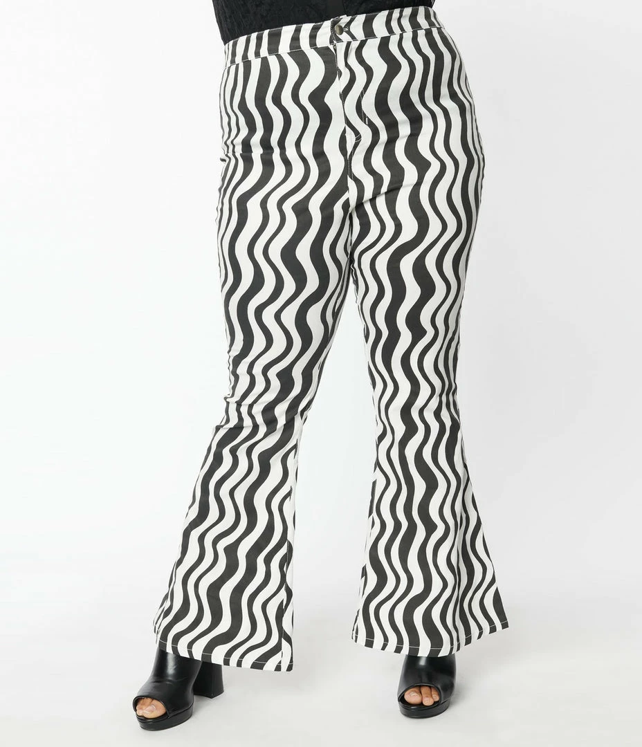 Smak Parlour Plus Size Black & White Wavy Stripe Into The Groove Flare Jeans Sale