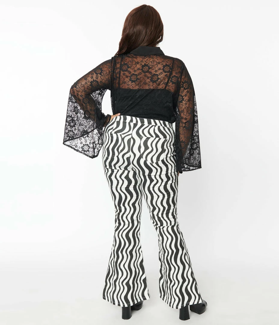 Smak Parlour Plus Size Black & White Wavy Stripe Into The Groove Flare Jeans Sale