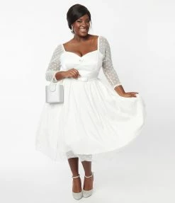 Clothing Unique Vintage Plus Size Ivory Polka Dot Lamar Bridal Swing Dress