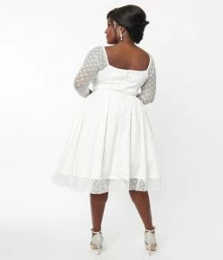 Clothing Unique Vintage Plus Size Ivory Polka Dot Lamar Bridal Swing Dress