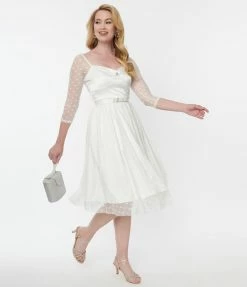 Unique Vintage Ivory Polka Dot Lamar Bridal Swing Dress