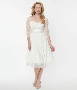 Unique Vintage Ivory Polka Dot Lamar Bridal Swing Dress