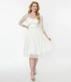 Unique Vintage Ivory Polka Dot Lamar Bridal Swing Dress