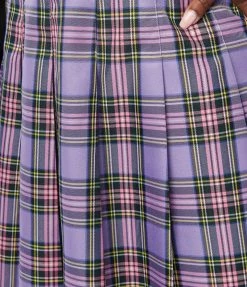 Unique Vintage Plus Size 1950s Purple Plaid Pleated Suspender Mini Skirt