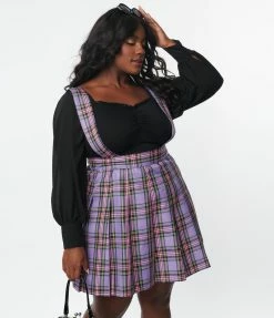 Unique Vintage Plus Size 1950s Purple Plaid Pleated Suspender Mini Skirt