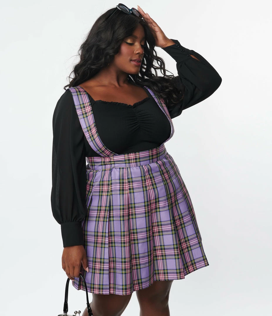 Unique Vintage Plus Size 1950s Purple Plaid Pleated Suspender Mini Skirt